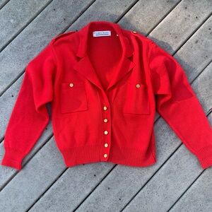 Vintage 80s Gold Button Collared Cardigan | Karen Scott Knit Military Cardigan